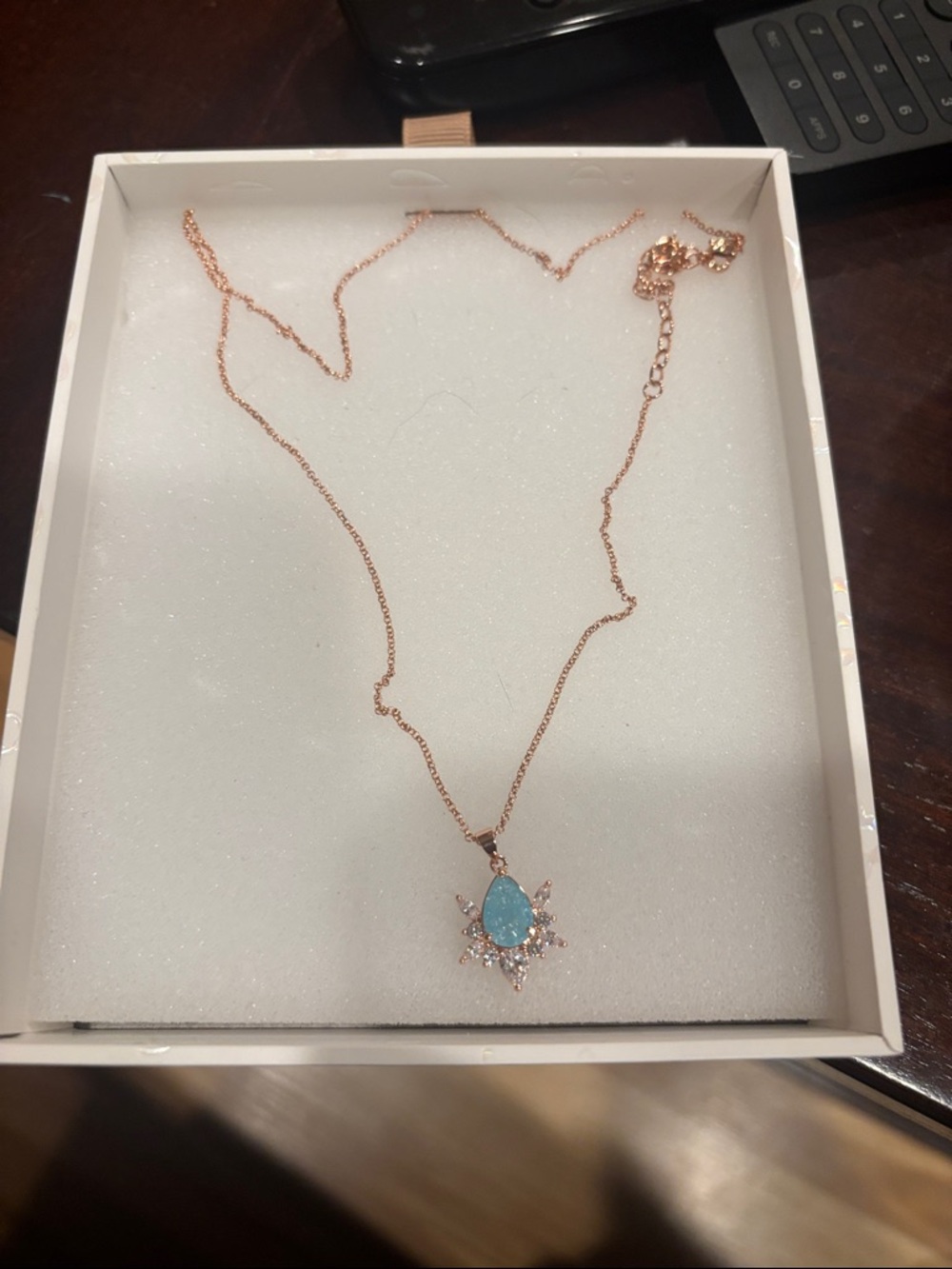 Rose Gold Necklace with Aqua Blue Ice Crystal